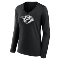 NHL,Custom Nashville Predators Women's Personalized Name & Number Monochrome Long Sleeve V-Neck T-Shirt - Black