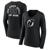 NHL,Custom New Jersey Devils Women's Personalized Name & Number Monochrome Long Sleeve V-Neck T-Shirt - Black