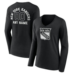 NHL,Custom New York Rangers Women's Personalized Name & Number Monochrome Long Sleeve V-Neck T-Shirt - Black