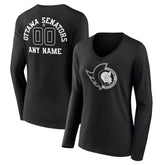 NHL,Custom Ottawa Senators Women's Personalized Name & Number Monochrome Long Sleeve V-Neck T-Shirt - Black