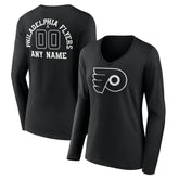 NHL,Custom Philadelphia Flyers Women's Personalized Name & Number Monochrome Long Sleeve V-Neck T-Shirt - Black