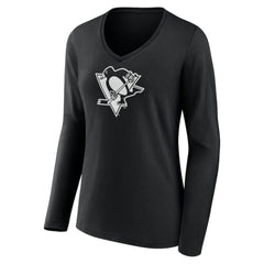 NHL,Custom Pittsburgh Penguins Women's Personalized Name & Number Monochrome Long Sleeve V-Neck T-Shirt - Black