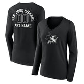 NHL,Custom San Jose Sharks Women's Personalized Name & Number Monochrome Long Sleeve V-Neck T-Shirt - Black