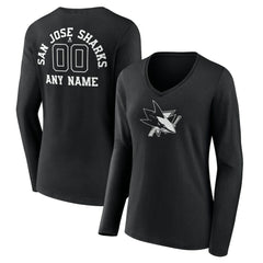 NHL,Custom San Jose Sharks Women's Personalized Name & Number Monochrome Long Sleeve V-Neck T-Shirt - Black