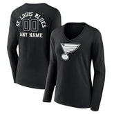 NHL,Custom St. Louis Blues Women's Personalized Name & Number Monochrome Long Sleeve V-Neck T-Shirt - Black