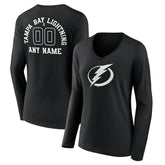 NHL,Custom Tampa Bay Lightning Women's Personalized Name & Number Monochrome Long Sleeve V-Neck T-Shirt - Black