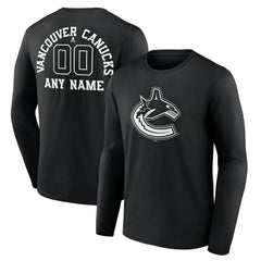 NHL,Custom Vancouver Canucks Personalized Name & Number Monochrome Long Sleeve T-Shirt - Black