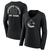 NHL,Custom Vancouver Canucks Women's Personalized Name & Number Monochrome Long Sleeve V-Neck T-Shirt - Black