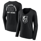 NHL,Custom Vegas Golden Knights Women's Personalized Name & Number Monochrome Long Sleeve V-Neck T-Shirt - Black