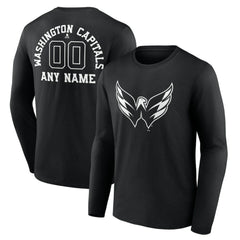 NHL,Custom Washington Capitals Personalized Name & Number Monochrome Long Sleeve T-Shirt - Black