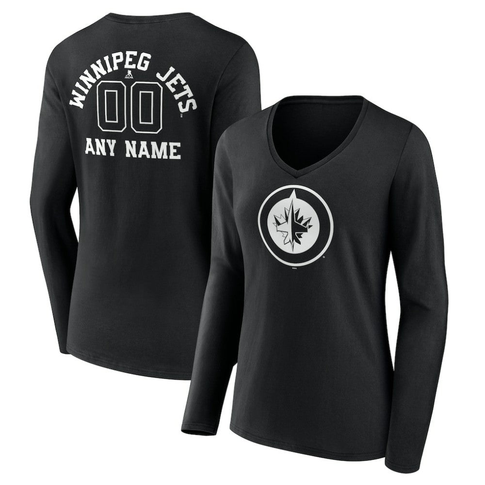 NHL,Custom Winnipeg Jets Women's Personalized Name & Number Monochrome Long Sleeve V-Neck T-Shirt - Black