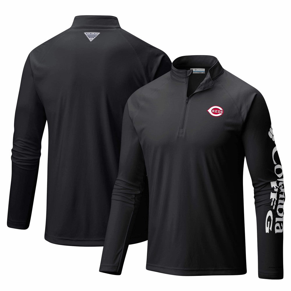 Cincinnati Reds Columbia Terminal Tackle Omni-Shade Raglan Quarter-Zip Pullover Top - Black Pullover