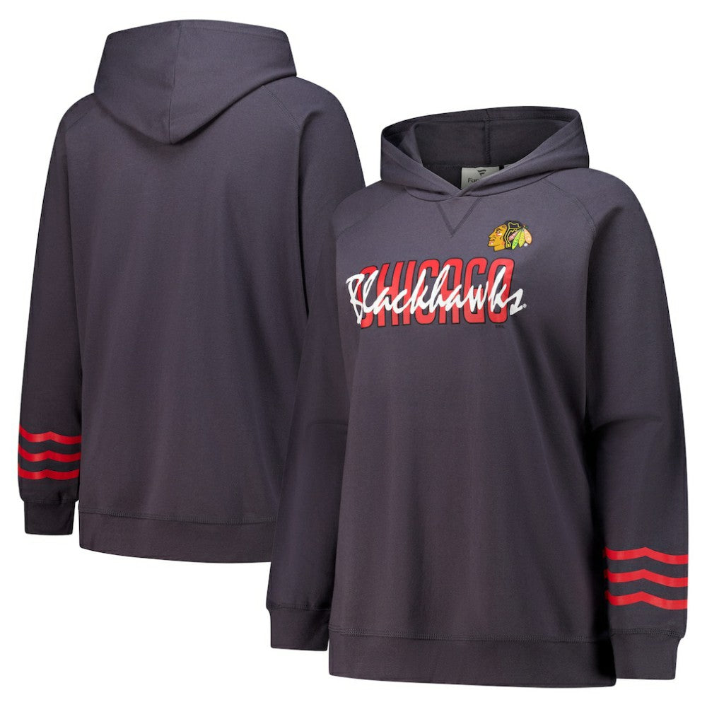 NHL Chicago Blackhawks Fanatics Women's Plus Size Lightweight Fleece Raglan Pullover Hoodie - Charcoal