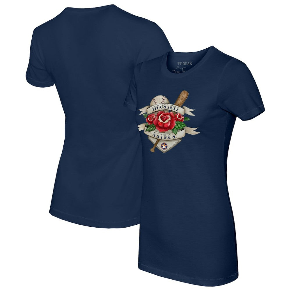 Houston Astros Tiny Turnip Women's American Traditional Rose T-Shirt - Navy T-shirts