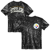 Pittsburgh Steelers Girls Youth Wordmark Sequin V-Neck Top Black