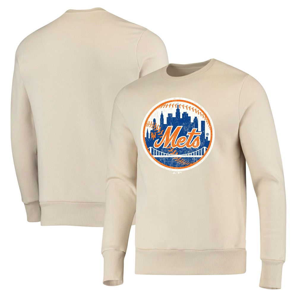 New York Mets Majestic Threads Fleece Pullover Sweatshirt - Oatmeal Pullover