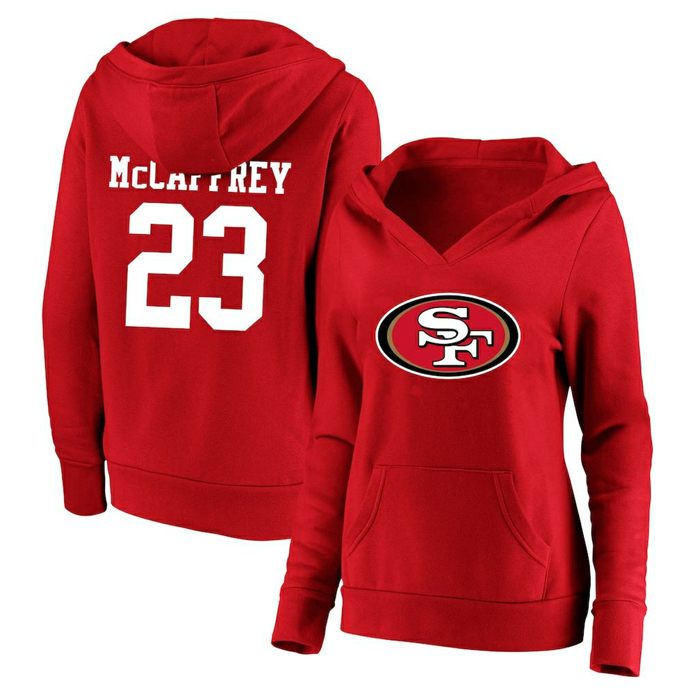Christian McCaffrey San Francisco 49ers Women's Plus Size Player Name & Number V-Neck Pullover Hoodie Scarlet