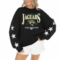 Jacksonville Jaguars Gameday Couture Women's Rhinestone Star Sleeve Settle the Score Oversized Pullover Sweatshirt Black
