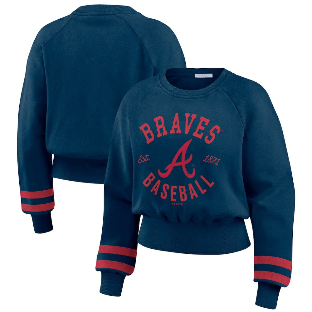 Atlanta Braves WEAR by Erin Andrews Women's Vintage Washed Cropped Pullover Sweatshirt - Navy Pullover