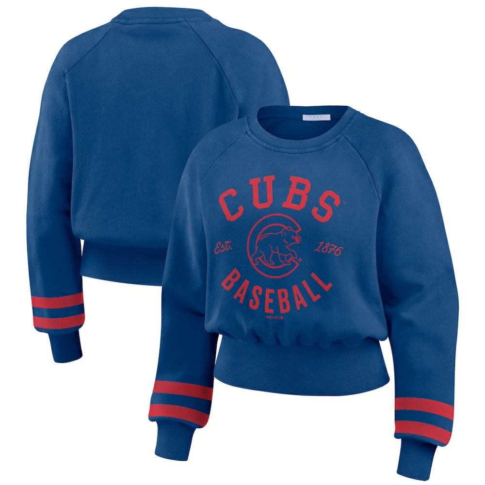 Chicago Cubs WEAR by Erin Andrews Women's Vintage Washed Cropped Pullover Sweatshirt - Royal Pullover