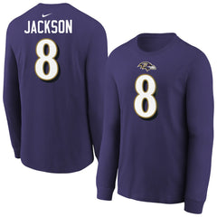 Lamar Jackson Baltimore Ravens Youth Player Name & Number Long Sleeve T-Shirt Purple