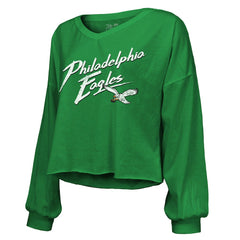 Saquon Barkley Philadelphia Eagles Majestic Threads Women's Name & Number Off-Shoulder Script Cropped Long Sleeve Relaxed V-Neck T-Shirt Kelly Green
