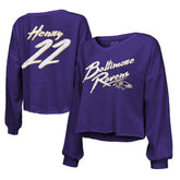 Derrick Henry Baltimore Ravens Majestic Threads Women's Name & Number Off-Shoulder Script Cropped Long Sleeve Relaxed V-Neck T-Shirt Purple