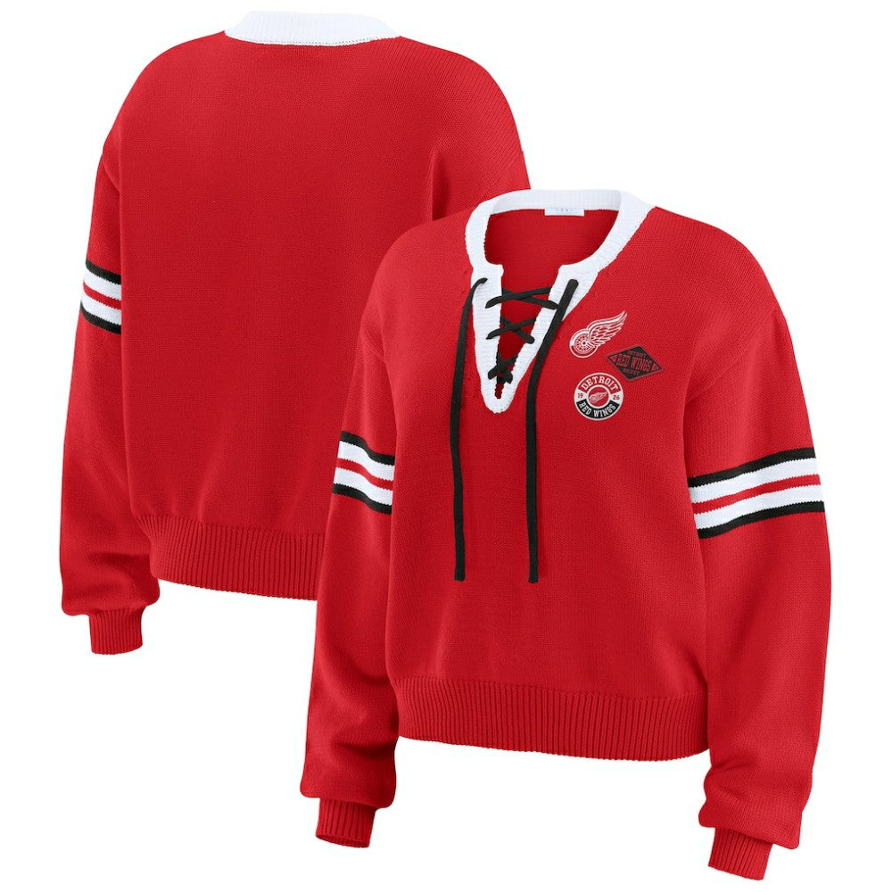 NHL Detroit Red Wings WEAR by Erin Andrews Women's Cropped Lace-Up Sweater - Red