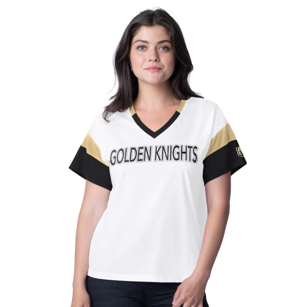 NHL Vegas Golden Knights G-III 4Her by Carl Banks Women's Rink Oversized Rhinestone V-Neck T-Shirt - White