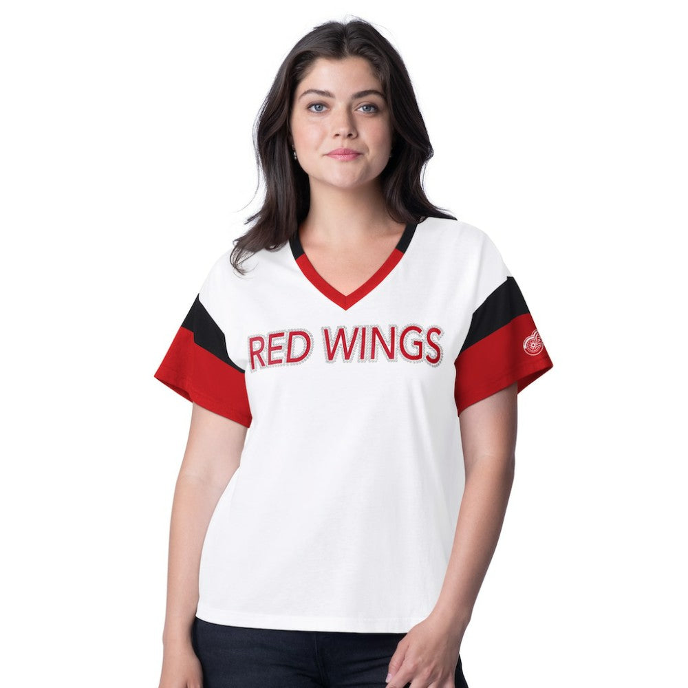 NHL Detroit Red Wings G-III 4Her by Carl Banks Women's Rink Oversized Rhinestone V-Neck T-Shirt - White
