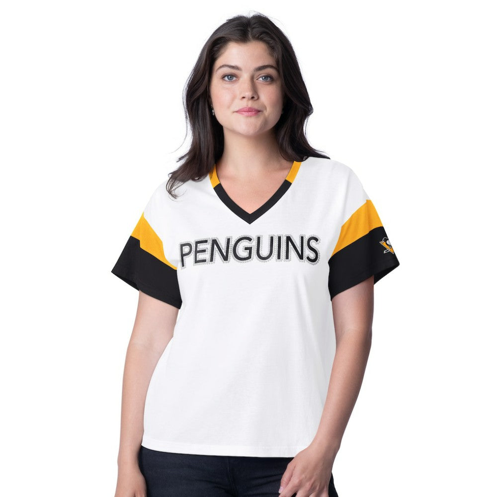 NHL Pittsburgh Penguins G-III 4Her by Carl Banks Women's Rink Oversized Rhinestone V-Neck T-Shirt - White