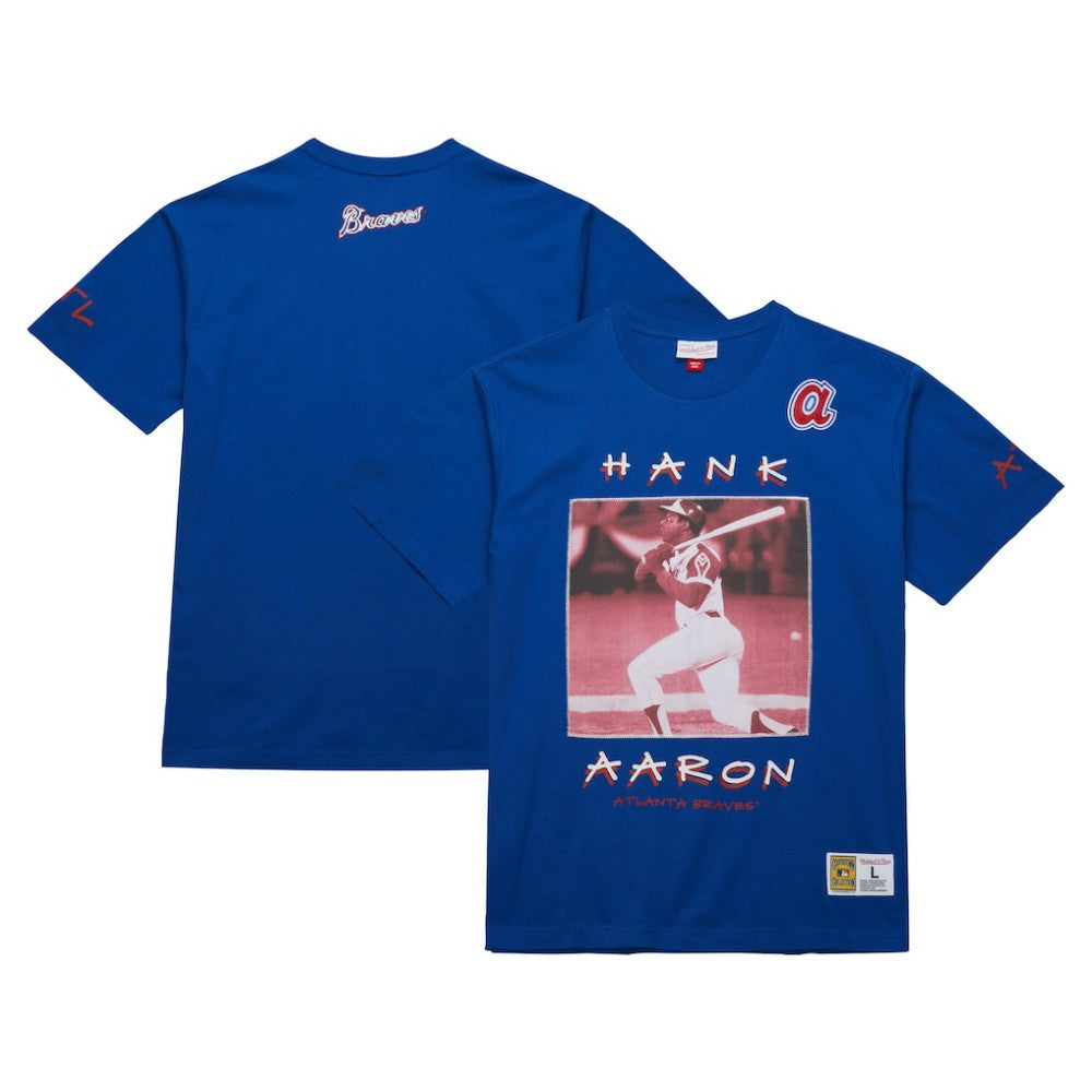 Hank Aaron Atlanta Braves Mitchell & Ness Cooperstown Collection Heavyweight Premium Player Vintage Logo T-Shirt - Royal T-shirts