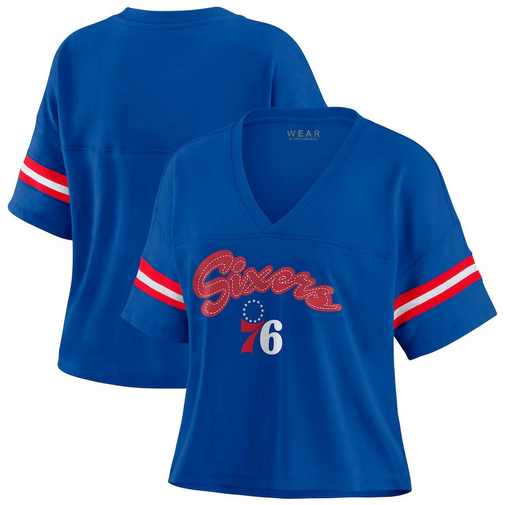 Philadelphia 76ers WEAR by Erin Andrews Women's Plus Size Color Block Boxy V-Neck T-Shirt Royal