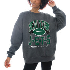New York Jets Gameday Couture Women's Oversized Long Weekend Premium Fleece Drop Shoulder Pullover Sweatshirt Charcoal