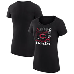 Cincinnati Reds G-III 4Her by Carl Banks Women's Super-Slim Fit Lightweight Collage Team Graphic Crew Neck T-Shirt - Black T-shirts