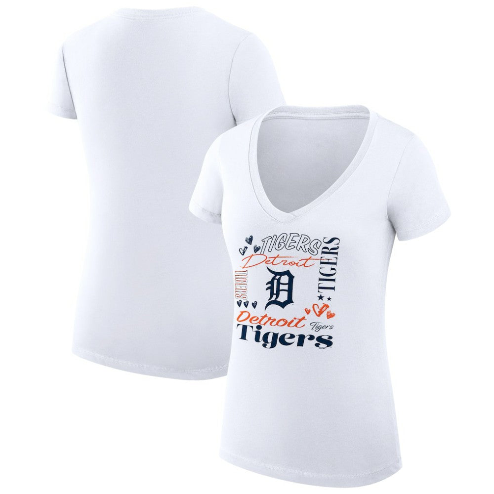 Detroit Tigers G-III 4Her by Carl Banks Women's Super-Slim Fit Lightweight Collage Team Graphic V-Neck T-Shirt - White T-shirts