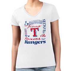 Texas Rangers G-III 4Her by Carl Banks Women's Super-Slim Fit Lightweight Collage Team Graphic V-Neck T-Shirt - White T-shirts