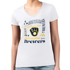 Milwaukee Brewers G-III 4Her by Carl Banks Women's Super-Slim Fit Lightweight Collage Team Graphic V-Neck T-Shirt - White T-shirts