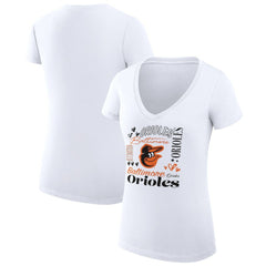 Baltimore Orioles G-III 4Her by Carl Banks Women's Super-Slim Fit Lightweight Collage Team Graphic V-Neck T-Shirt - White T-shirts