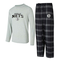 Brooklyn Nets Concepts Sport Petition Long Sleeve Top and Plaid Pant Set Black/Gray