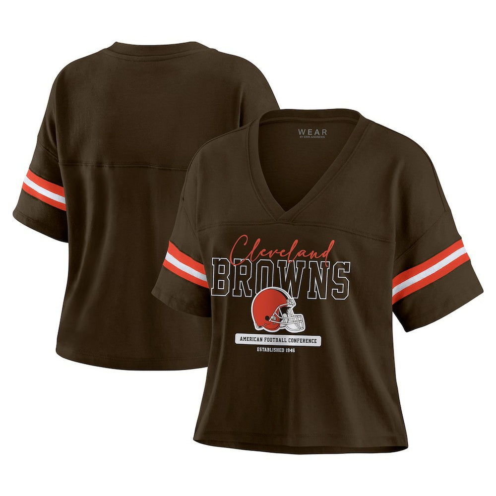 Cleveland Browns WEAR by Erin Andrews Women's Color Block Boxy Modest Crop V-Neck T-Shirt Brown