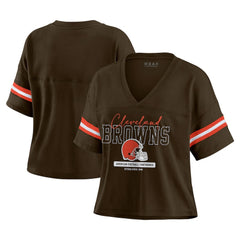 Cleveland Browns WEAR by Erin Andrews Women's Color Block Boxy Modest Crop V-Neck T-Shirt Brown
