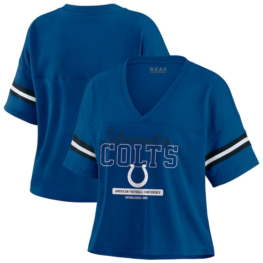 Indianapolis Colts WEAR by Erin Andrews Women's Color Block Boxy Modest Crop V-Neck T-Shirt Royal