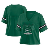 New York Jets WEAR by Erin Andrews Women's Color Block Boxy Modest Crop V-Neck T-Shirt Green