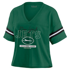 New York Jets WEAR by Erin Andrews Women's Color Block Boxy Modest Crop V-Neck T-Shirt Green
