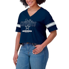 Dallas Cowboys WEAR by Erin Andrews Women's Color Block Boxy Modest Crop V-Neck T-Shirt Navy