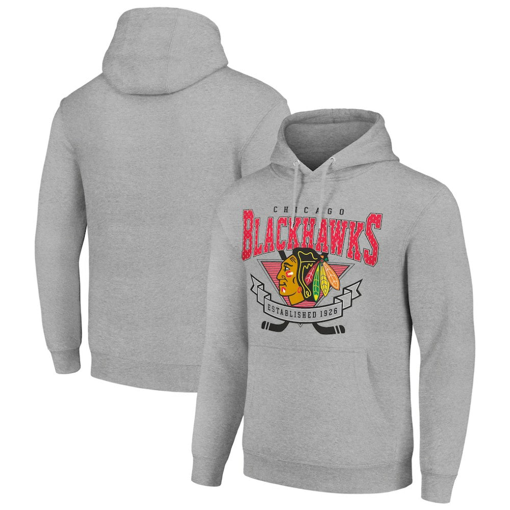 NHL Chicago Blackhawks Starter Team Logo Graphic Fleece Tri-Blend Pullover Hoodie - Heather Gray