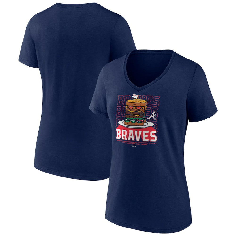 Atlanta Braves Women's Blooper Burger V-Neck T-Shirt - Navy T-shirts