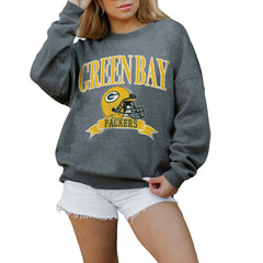 Green Bay Packers Gameday Couture Women's Oversized Seal The Deal Premium Fleece Drop Shoulder Pullover Sweatshirt Charcoal