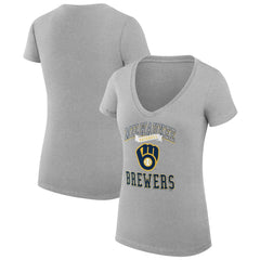Milwaukee Brewers G-III 4Her by Carl Banks Women's Super-Slim Fit Lightweight Team Logo Graphic V-Neck T-Shirt - Heather Gray T-shirts